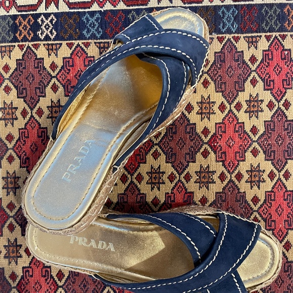 PRADA Blue Suede/Gold Criss-Cross Espadrille/Slide/Sandal - Size 38 - Picture 2 of 6